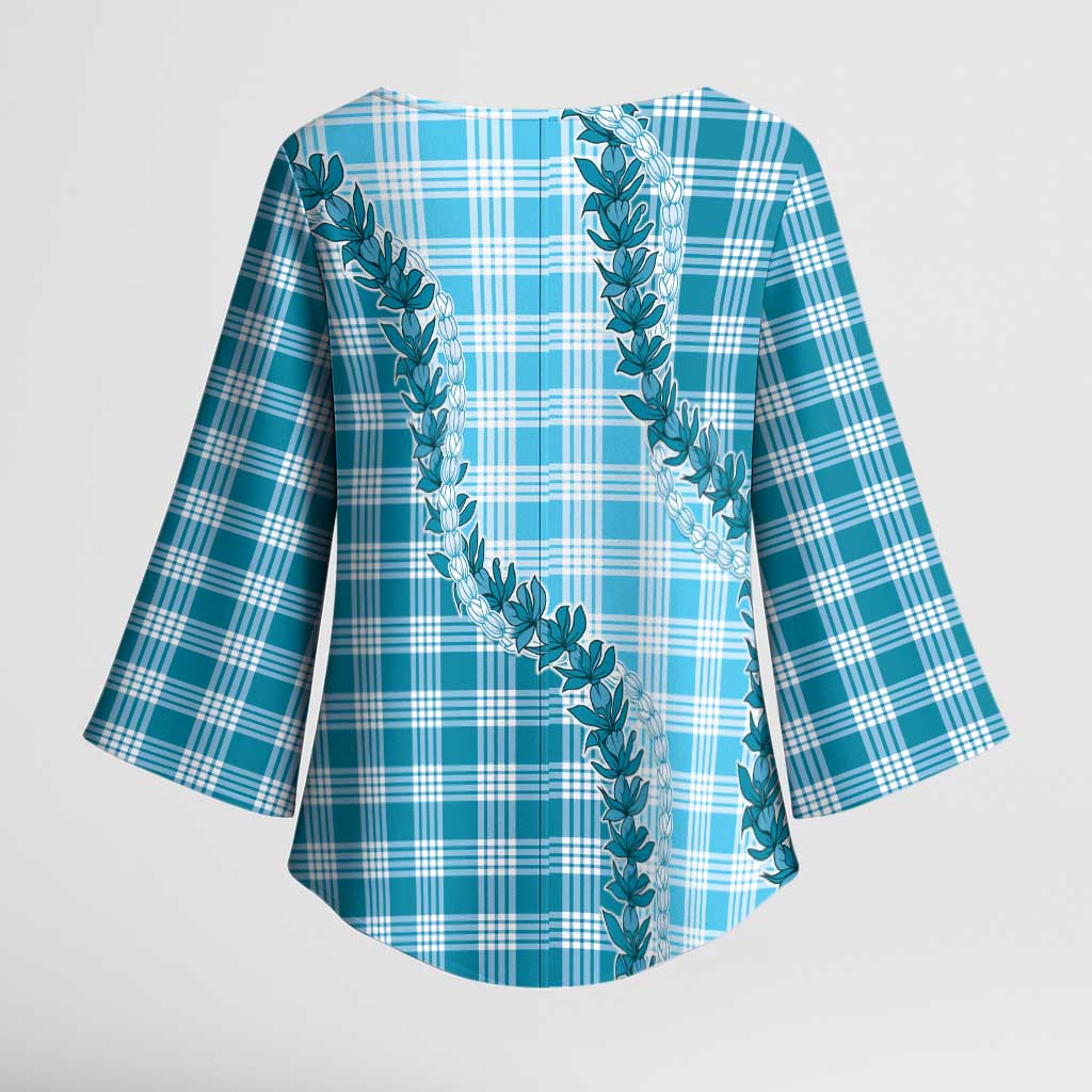 Blue Hawaii Palaka Kimono Sleeve Blouse Hawaiian Pikake Lei LT05 - Polynesian Pride