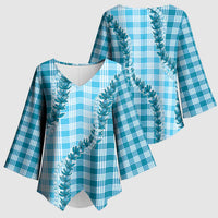 Blue Hawaii Palaka Kimono Sleeve Blouse Hawaiian Pikake Lei LT05 - Polynesian Pride