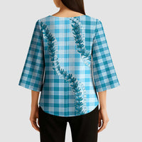 Blue Hawaii Palaka Kimono Sleeve Blouse Hawaiian Pikake Lei LT05 - Polynesian Pride