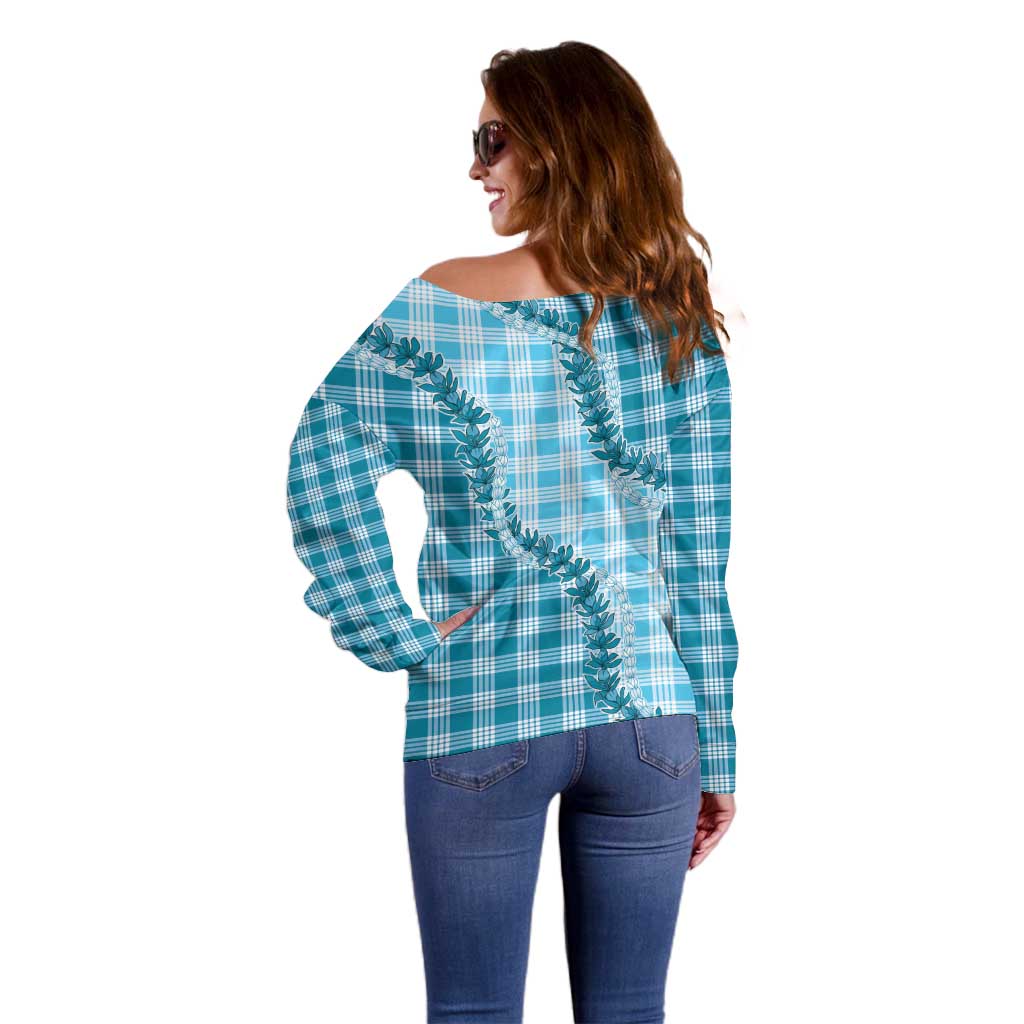 Blue Hawaii Palaka Off Shoulder Sweater Hawaiian Pikake Lei