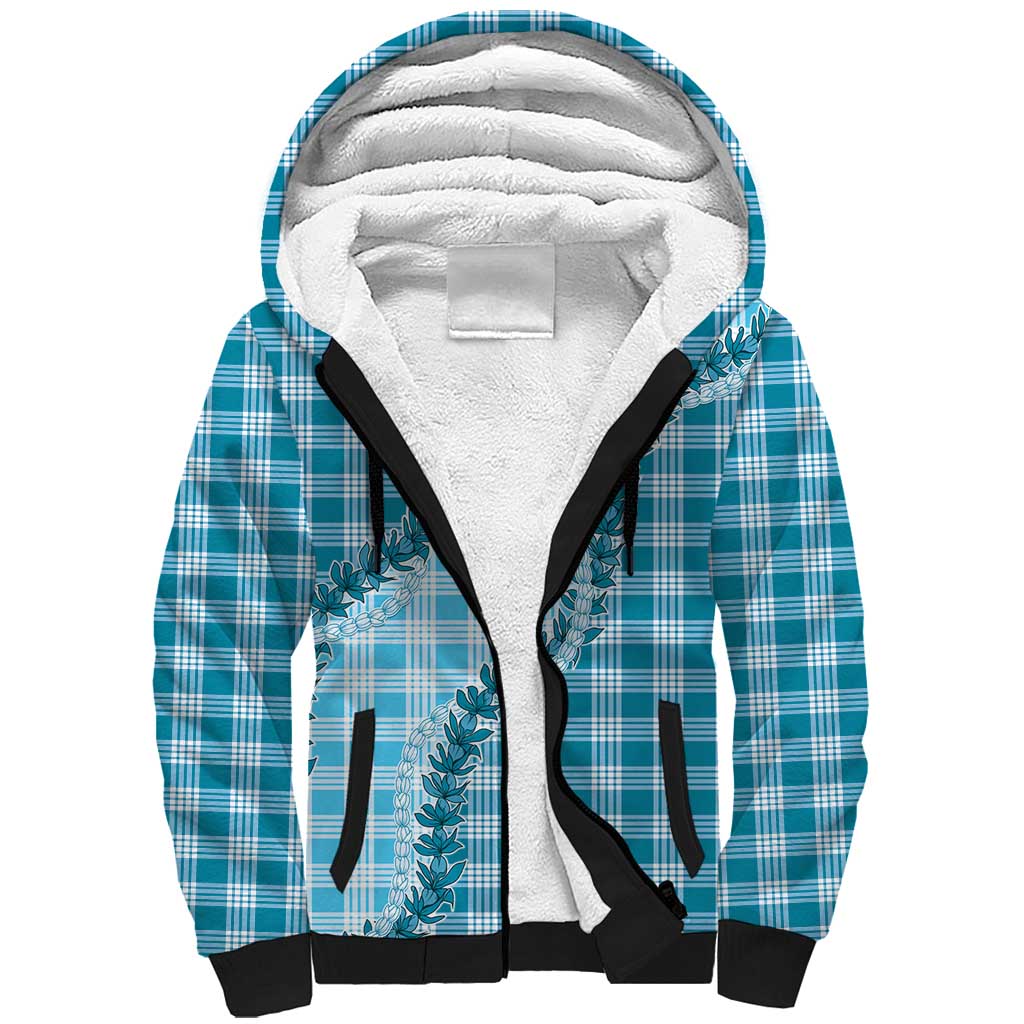 Blue Hawaii Palaka Sherpa Hoodie Hawaiian Pikake Lei