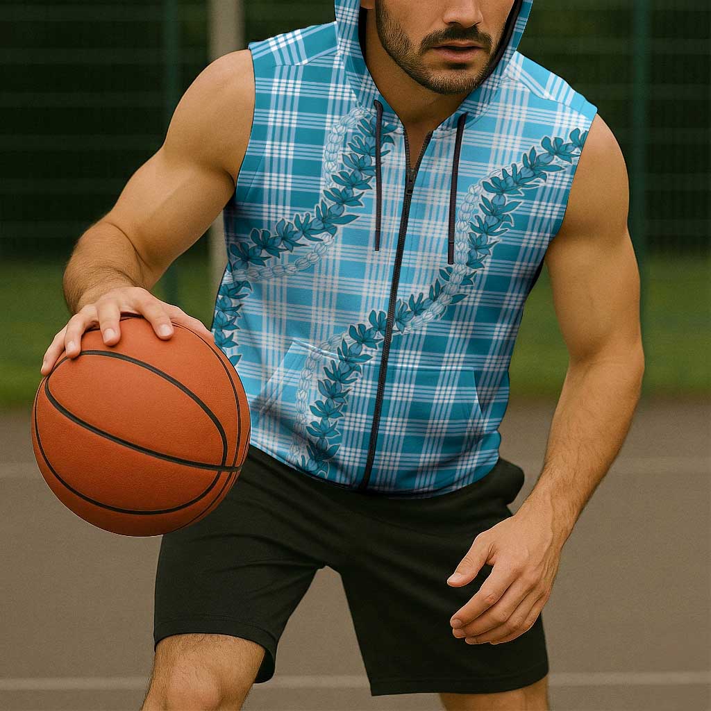 Blue Hawaii Palaka Sleeveless Zip Hoodie Hawaiian Pikake Lei
