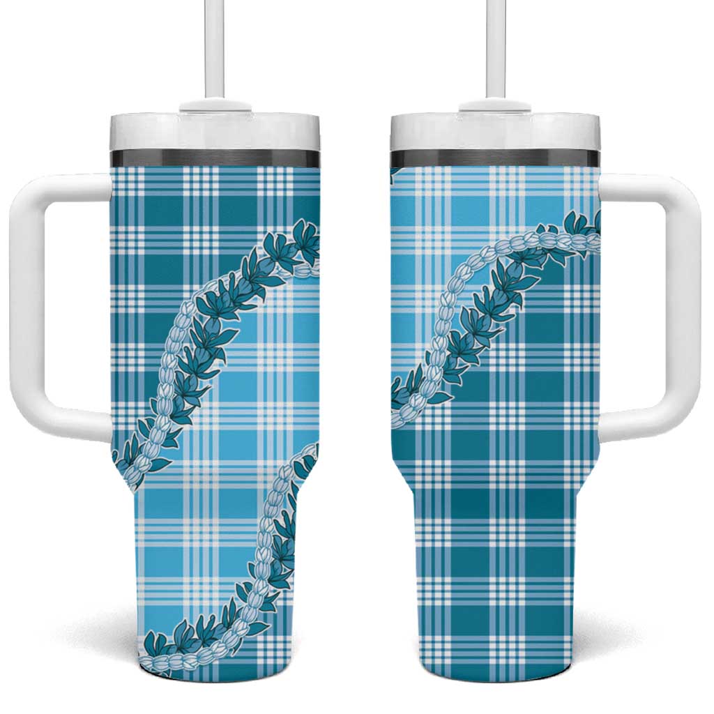 Blue Hawaii Palaka Tumbler With Handle Hawaiian Pikake Lei