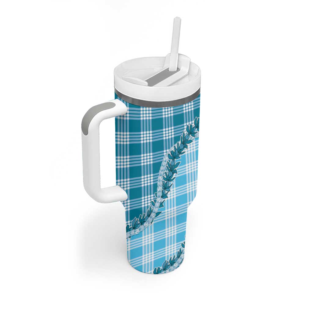 Blue Hawaii Palaka Tumbler With Handle Hawaiian Pikake Lei