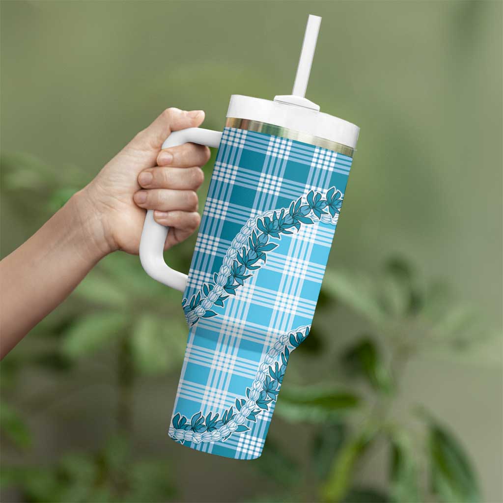 Blue Hawaii Palaka Tumbler With Handle Hawaiian Pikake Lei