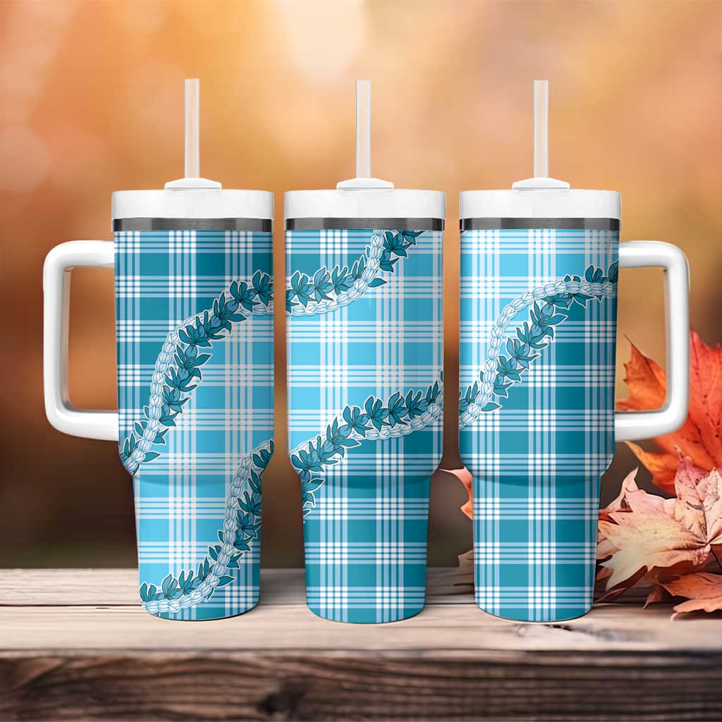 Blue Hawaii Palaka Tumbler With Handle Hawaiian Pikake Lei