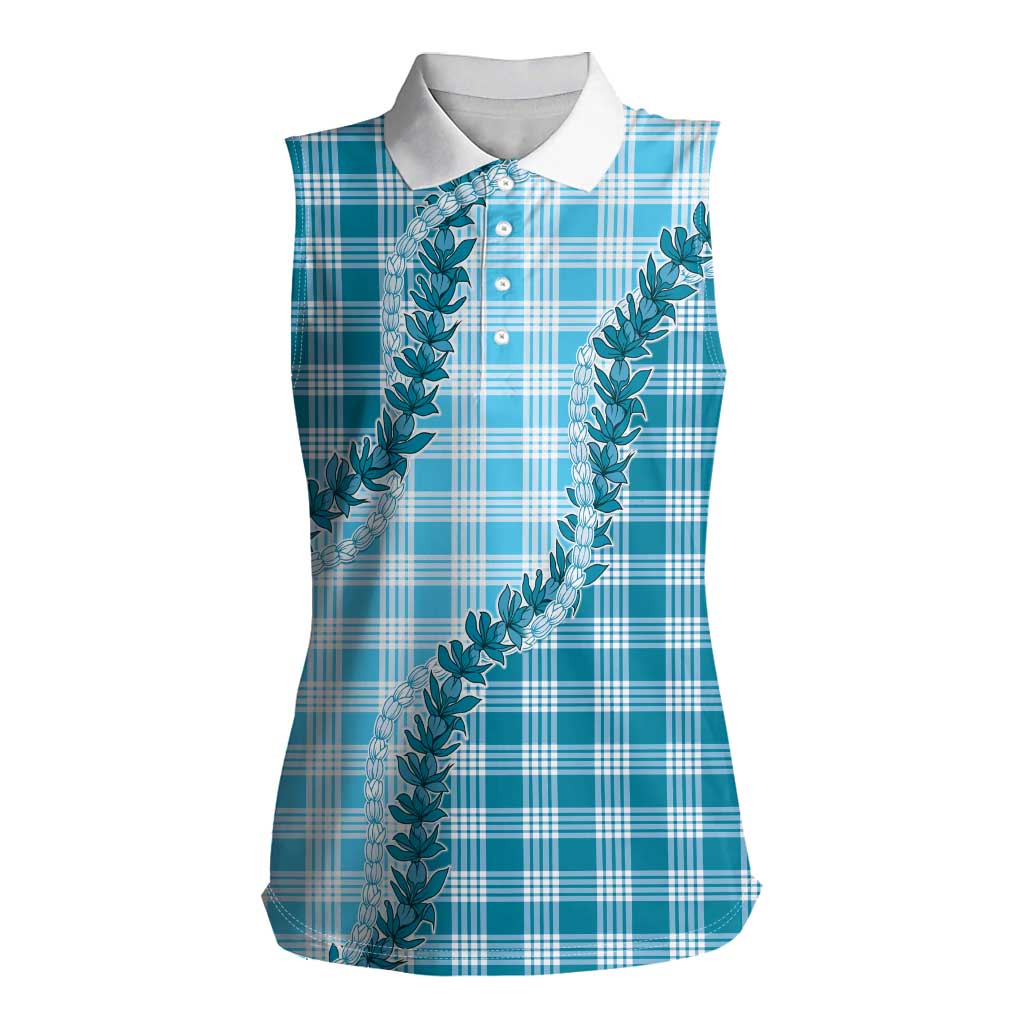 Blue Hawaii Palaka Women Sleeveless Polo Shirt Hawaiian Pikake Lei