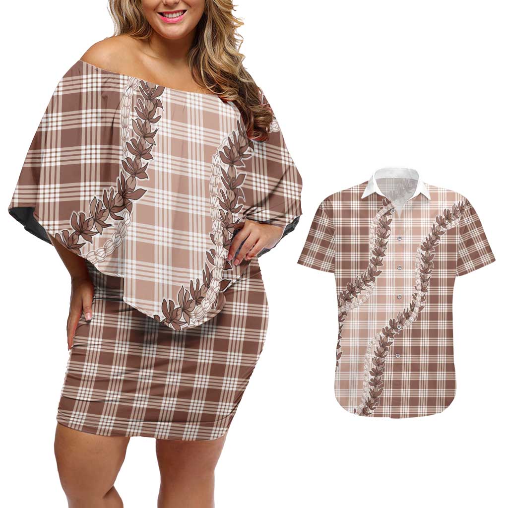 Beige Hawaii Palaka Couples Matching Off Shoulder Short Dress and Hawaiian Shirt Hawaiian Pikake Lei LT05 Beige - Polynesian Pride