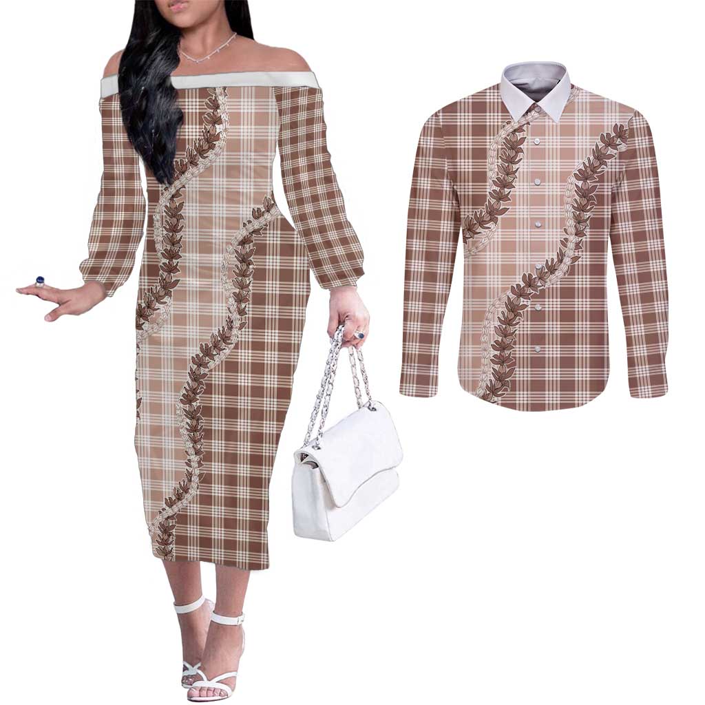 Beige Hawaii Palaka Couples Matching Off The Shoulder Long Sleeve Dress and Long Sleeve Button Shirt Hawaiian Pikake Lei