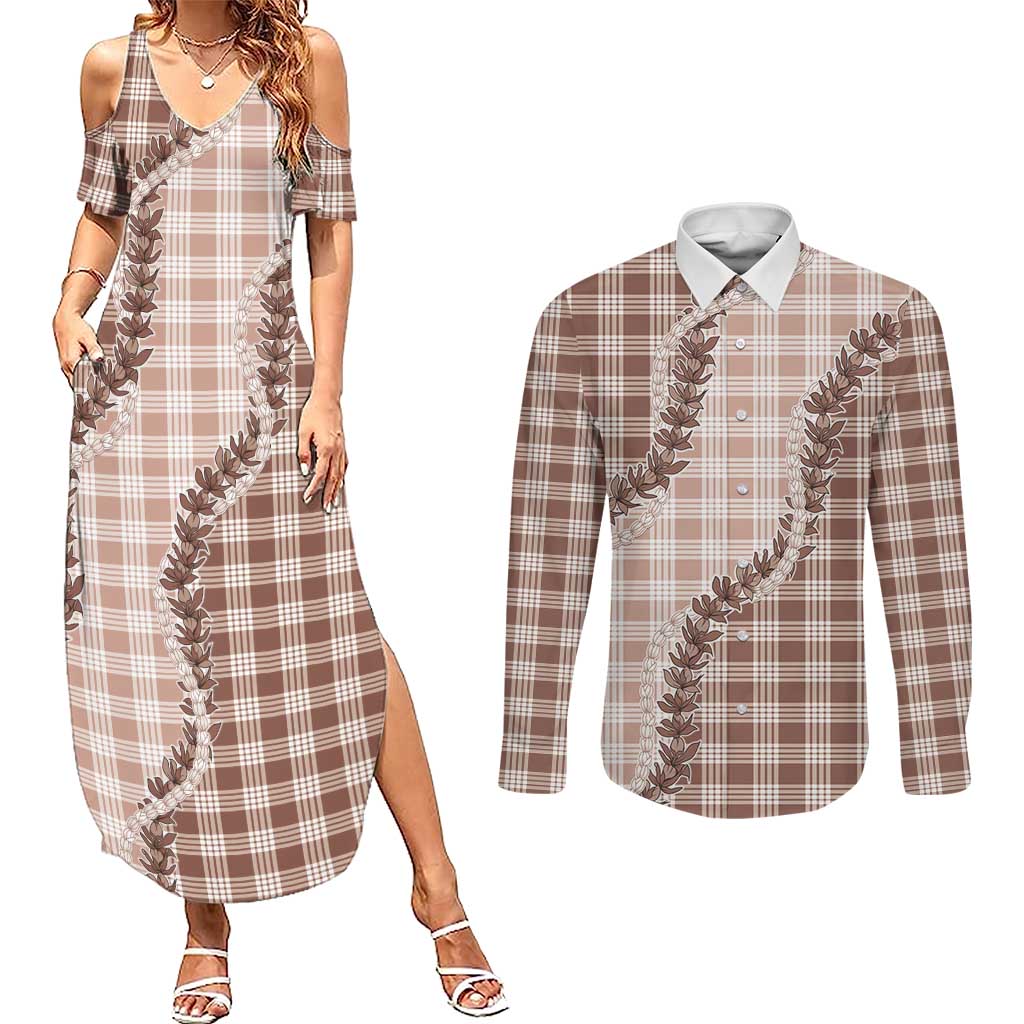 Beige Hawaii Palaka Couples Matching Summer Maxi Dress and Long Sleeve Button Shirt Hawaiian Pikake Lei