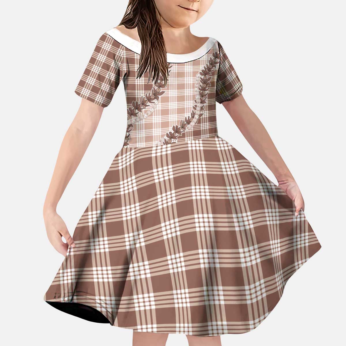 Beige Hawaii Palaka Kid Short Sleeve Dress Hawaiian Pikake Lei
