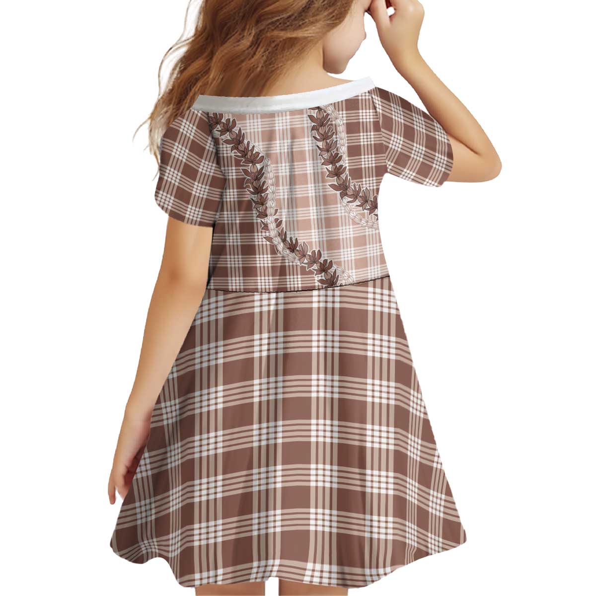 Beige Hawaii Palaka Kid Short Sleeve Dress Hawaiian Pikake Lei
