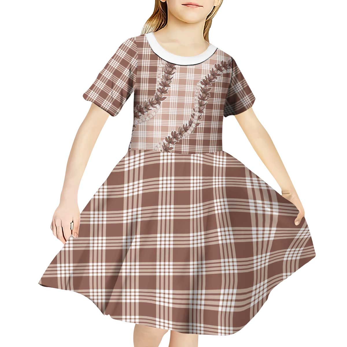 Beige Hawaii Palaka Kid Short Sleeve Dress Hawaiian Pikake Lei