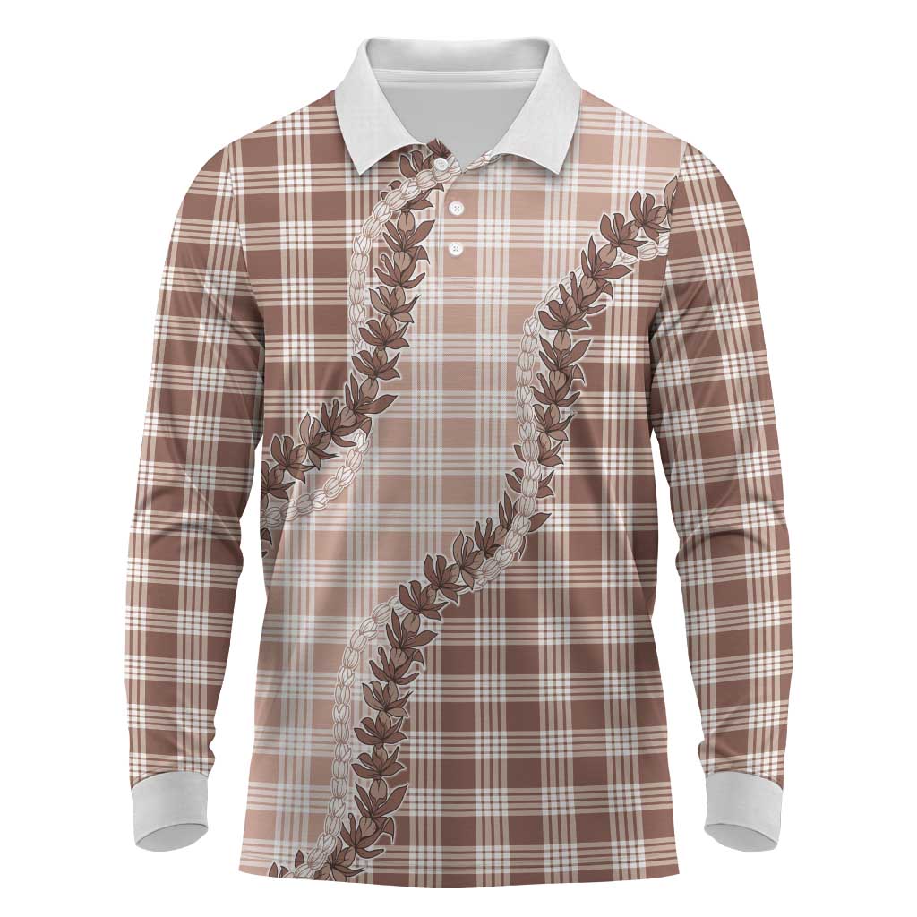 Beige Hawaii Palaka Long Sleeve Polo Shirt Hawaiian Pikake Lei