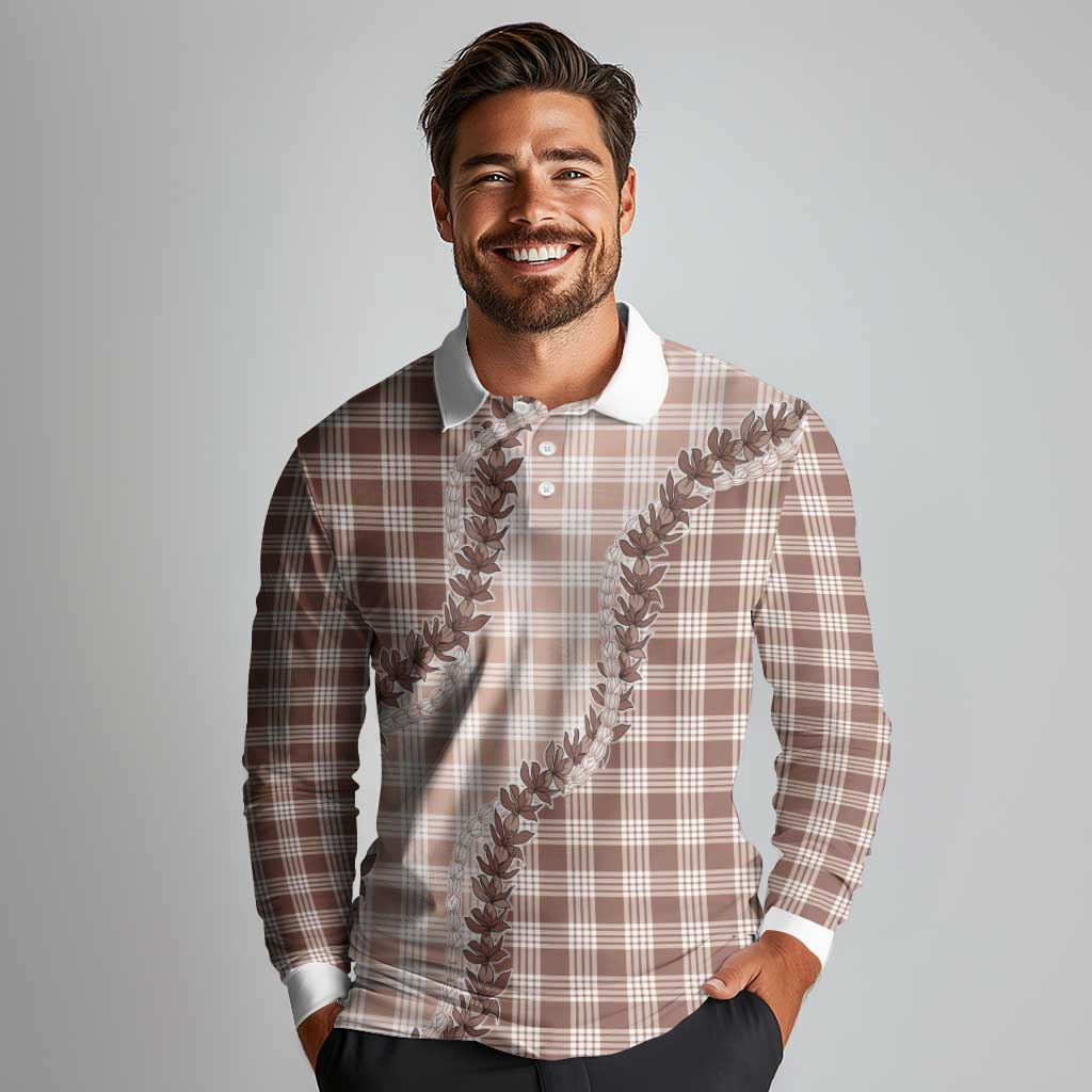 Beige Hawaii Palaka Long Sleeve Polo Shirt Hawaiian Pikake Lei