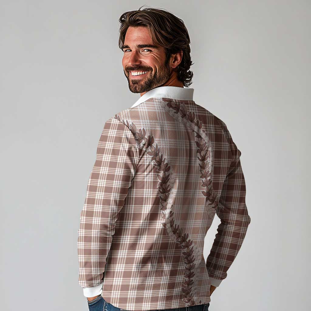 Beige Hawaii Palaka Long Sleeve Polo Shirt Hawaiian Pikake Lei