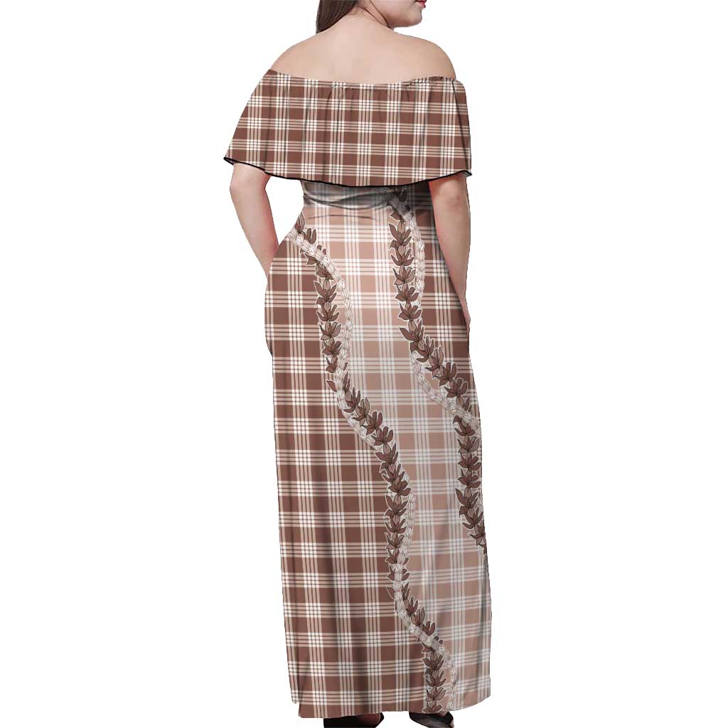 Beige Hawaii Palaka Off Shoulder Maxi Dress Hawaiian Pikake Lei