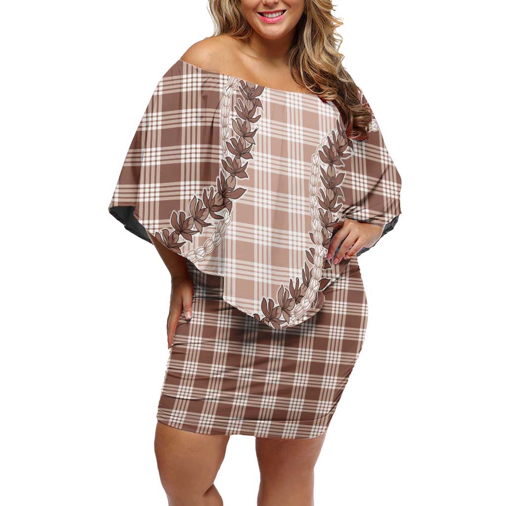 Beige Hawaii Palaka Off Shoulder Short Dress Hawaiian Pikake Lei