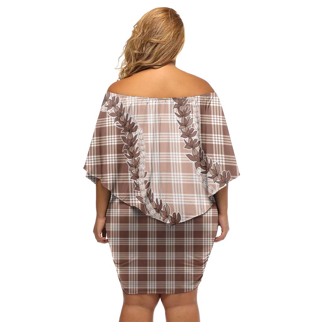 Beige Hawaii Palaka Off Shoulder Short Dress Hawaiian Pikake Lei