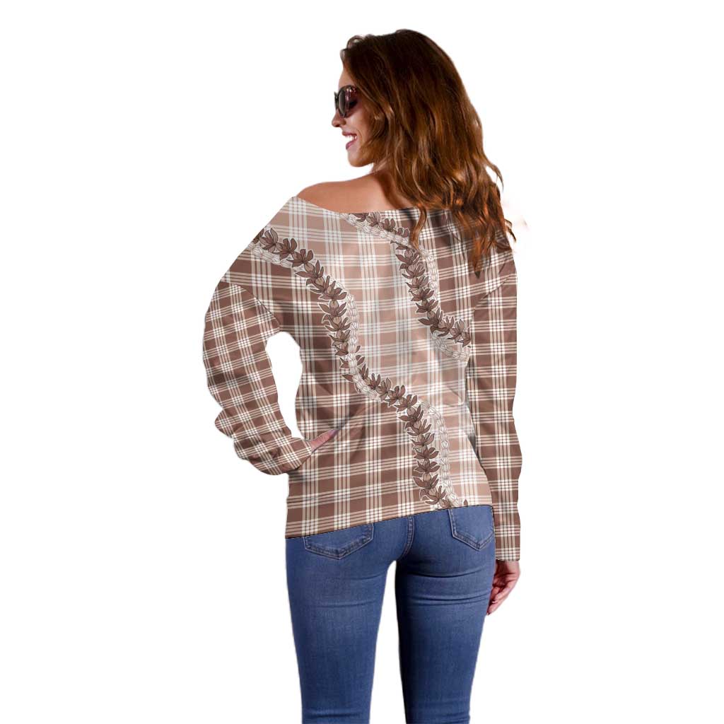 Beige Hawaii Palaka Off Shoulder Sweater Hawaiian Pikake Lei
