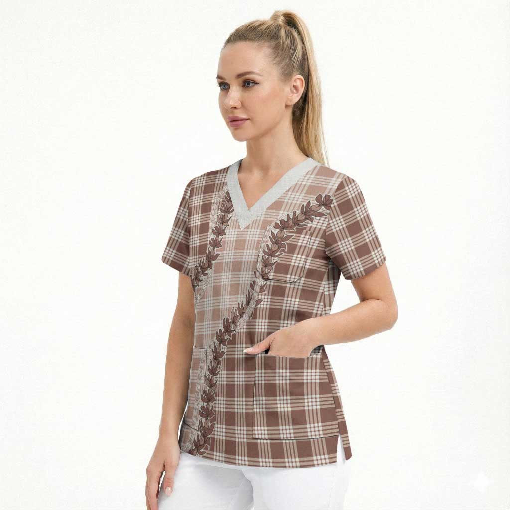 Beige Hawaii Palaka Scrub Top Hawaiian Pikake Lei LT05 - Polynesian Pride
