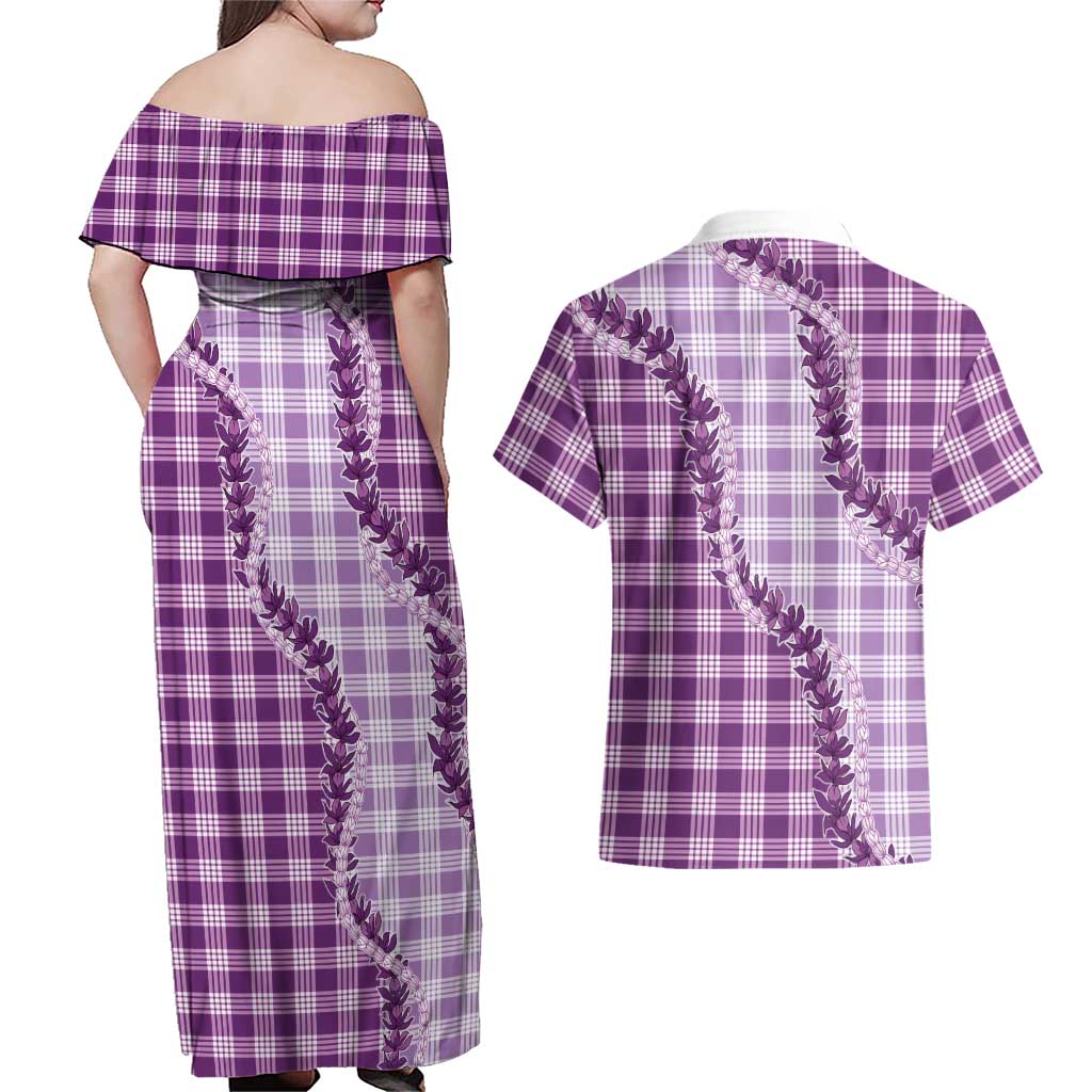Violet Hawaii Palaka Couples Matching Off Shoulder Maxi Dress and Hawaiian Shirt Hawaiian Pikake Lei LT05 - Polynesian Pride
