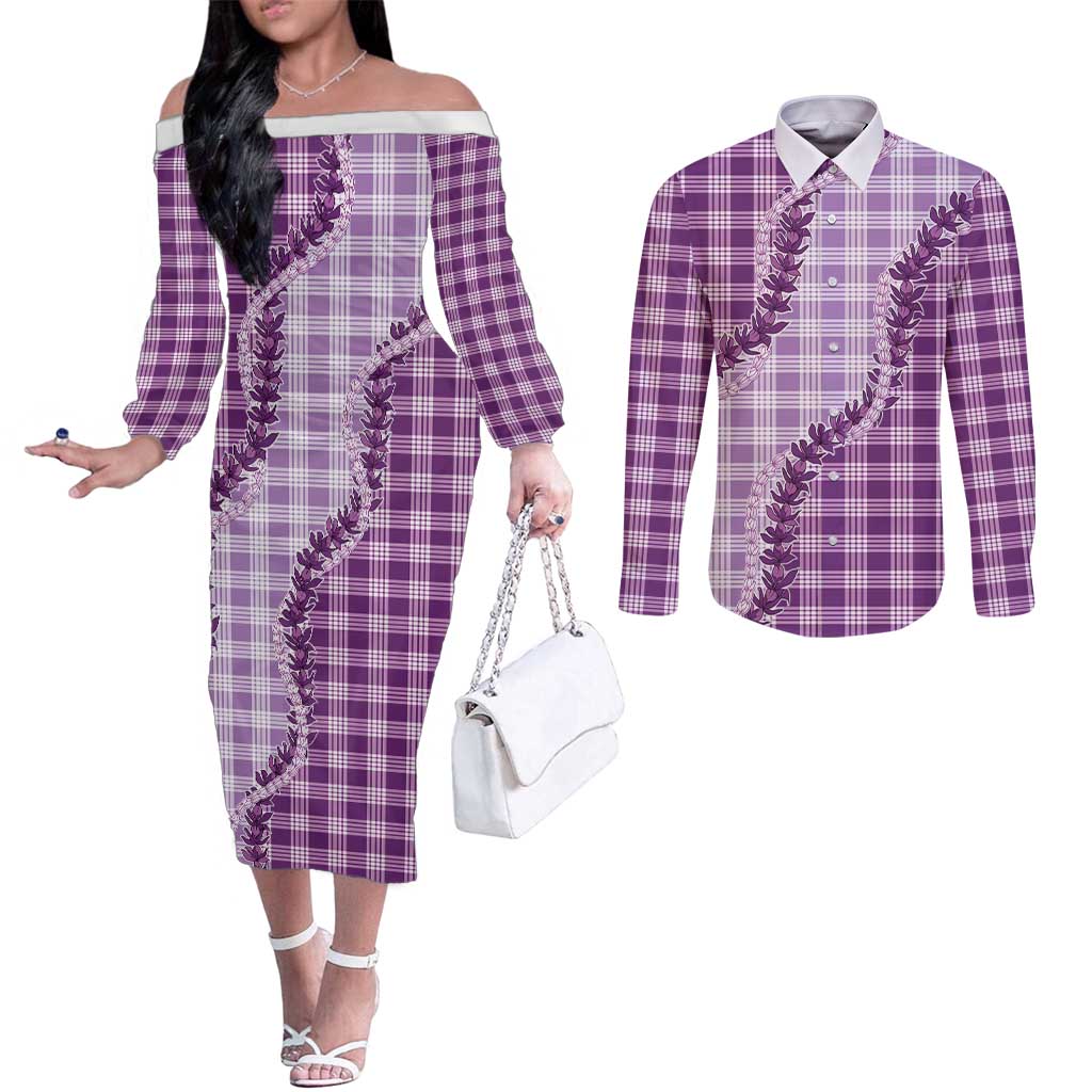 Violet Hawaii Palaka Couples Matching Off The Shoulder Long Sleeve Dress and Long Sleeve Button Shirt Hawaiian Pikake Lei LT05 Violet - Polynesian Pride