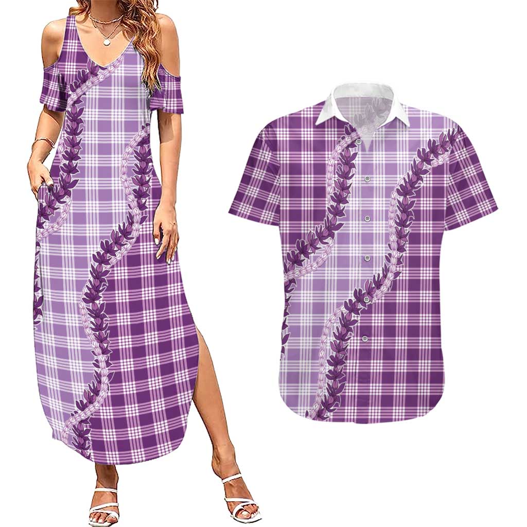 Violet Hawaii Palaka Couples Matching Summer Maxi Dress and Hawaiian Shirt Hawaiian Pikake Lei LT05 Violet - Polynesian Pride