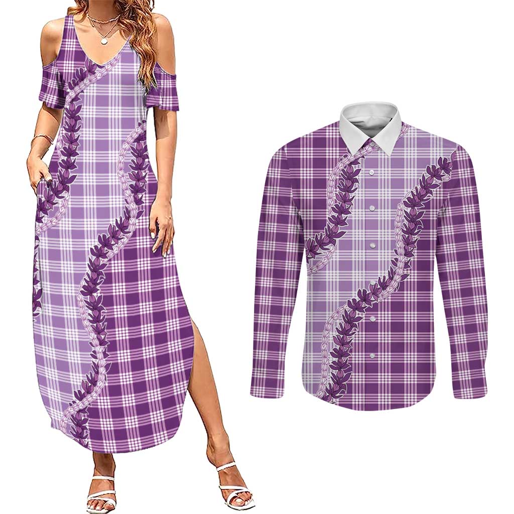 Violet Hawaii Palaka Couples Matching Summer Maxi Dress and Long Sleeve Button Shirt Hawaiian Pikake Lei LT05 Violet - Polynesian Pride