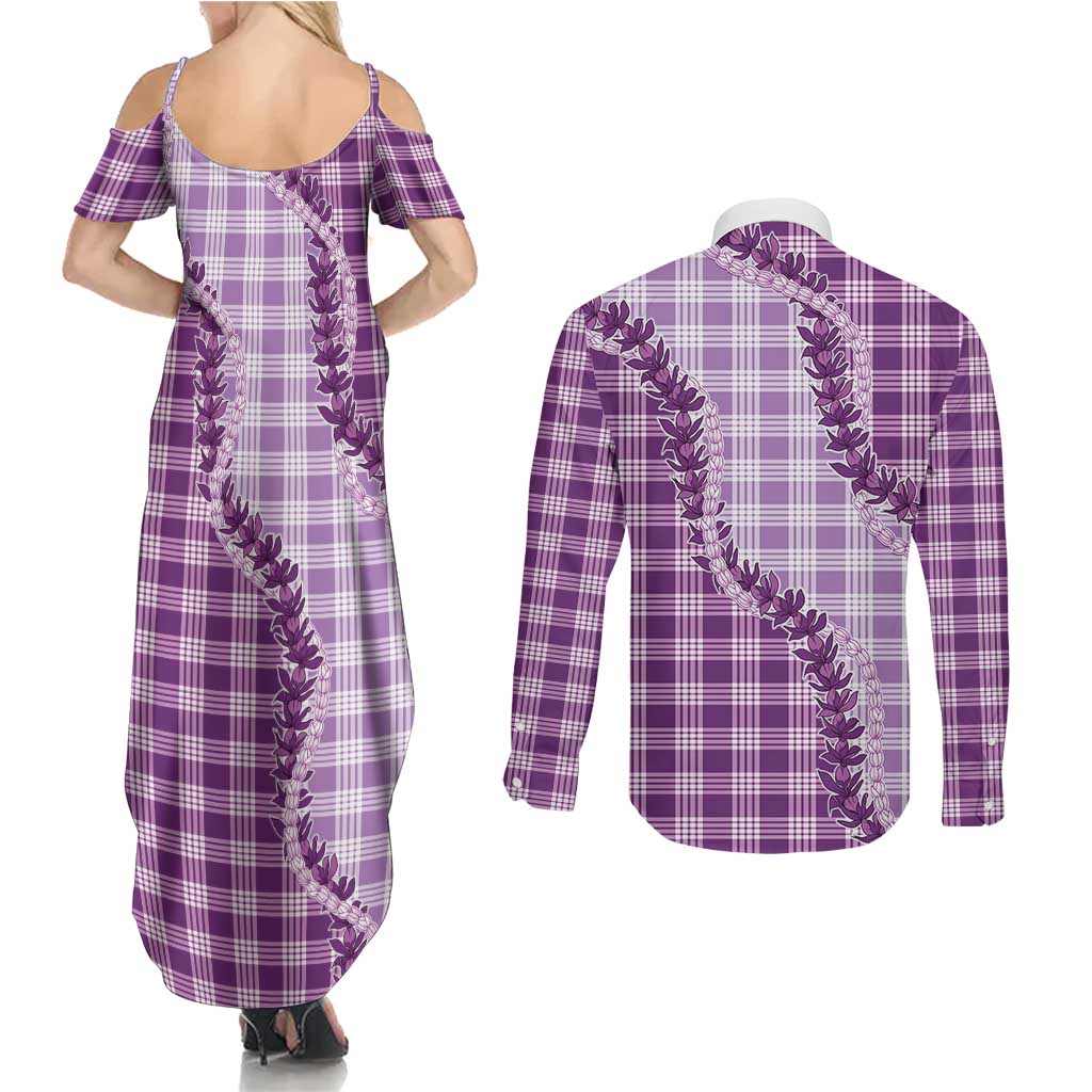 Violet Hawaii Palaka Couples Matching Summer Maxi Dress and Long Sleeve Button Shirt Hawaiian Pikake Lei LT05 - Polynesian Pride