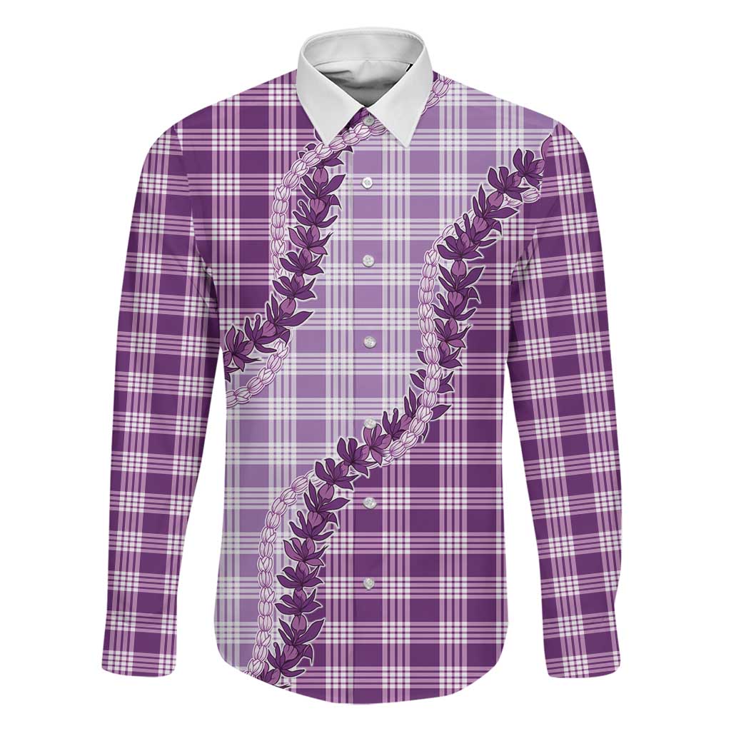 Violet Hawaii Palaka Family Matching Summer Maxi Dress and Hawaiian Shirt Hawaiian Pikake Lei LT05 Dad's Shirt - Long Sleeve Violet - Polynesian Pride