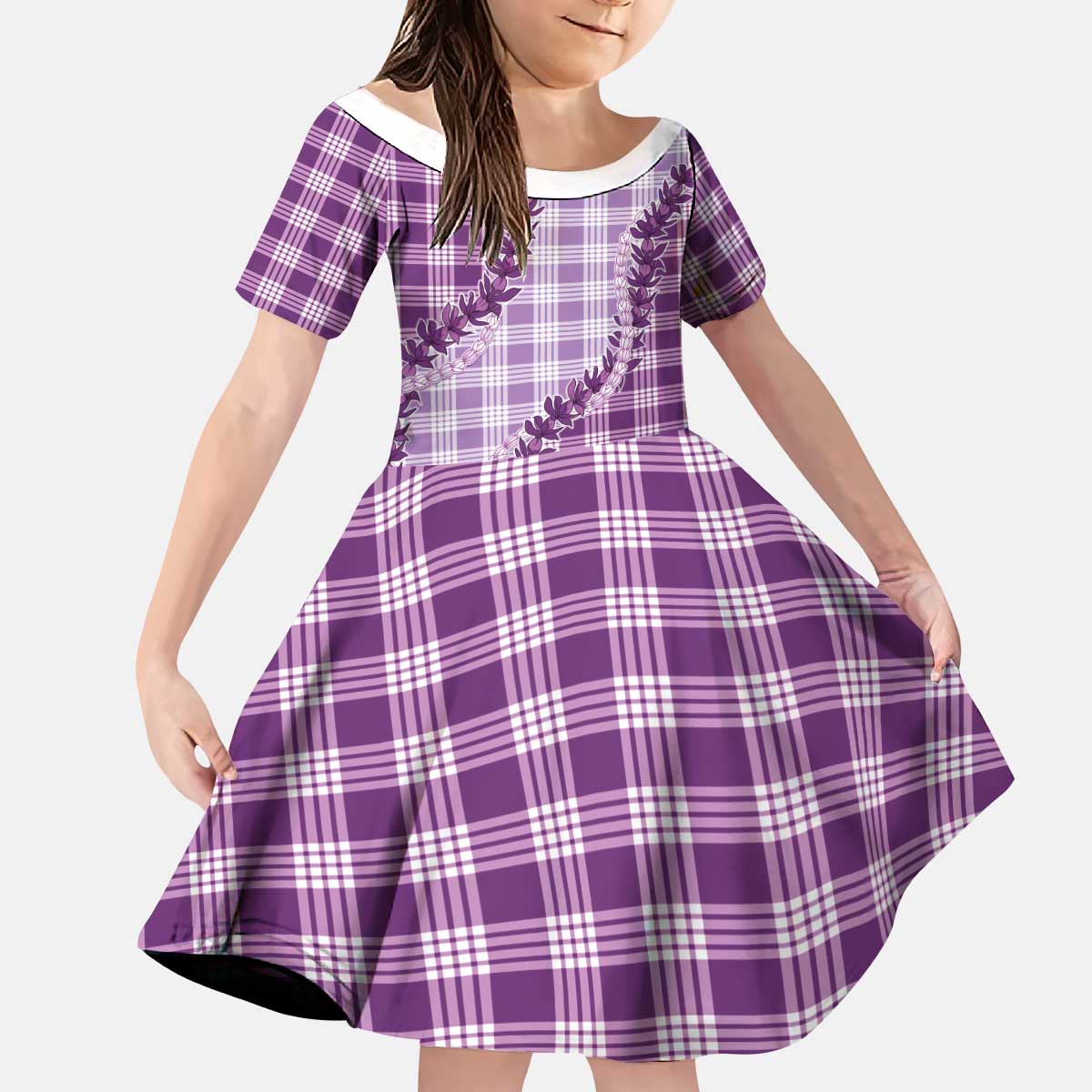Violet Hawaii Palaka Kid Short Sleeve Dress Hawaiian Pikake Lei