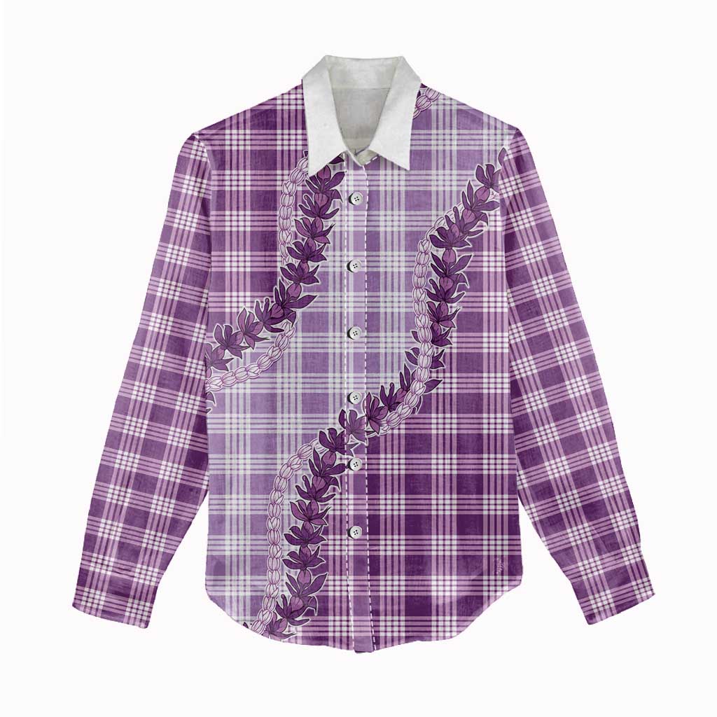 Violet Hawaii Palaka Women Casual Shirt Hawaiian Pikake Lei