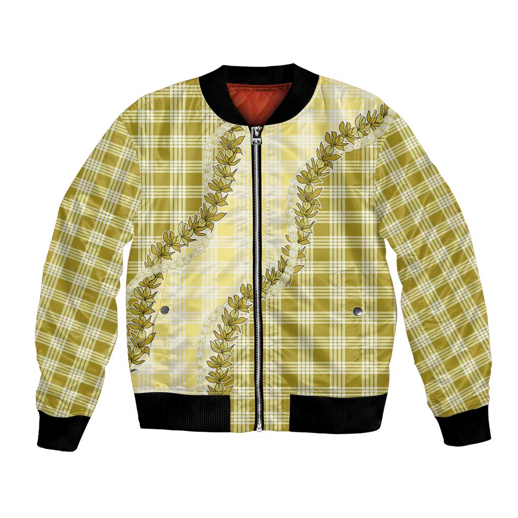 Yellow Hawaii Palaka Bomber Jacket Hawaiian Pikake Lei
