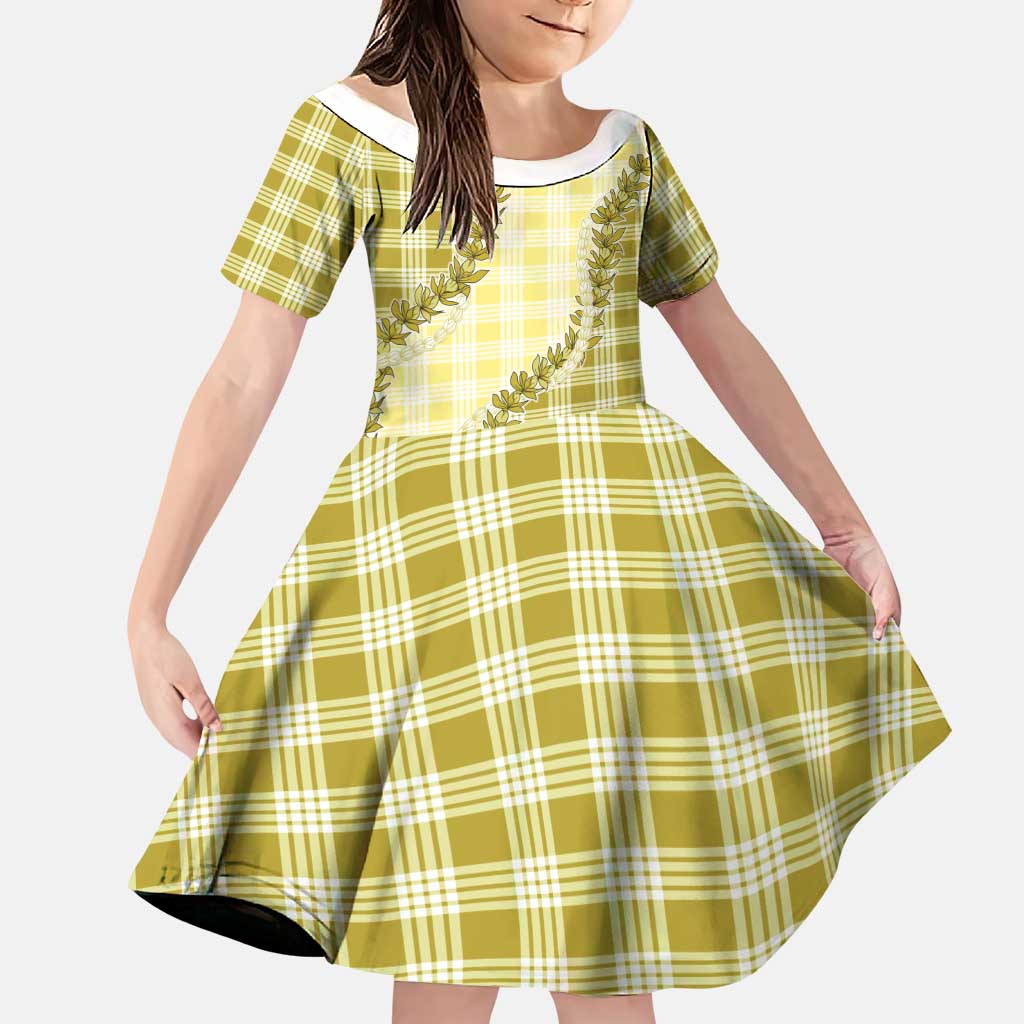 Yellow Hawaii Palaka Family Matching Off The Shoulder Long Sleeve Dress and Hawaiian Shirt Hawaiian Pikake Lei LT05 Daughter's Dress Yellow - Polynesian Pride