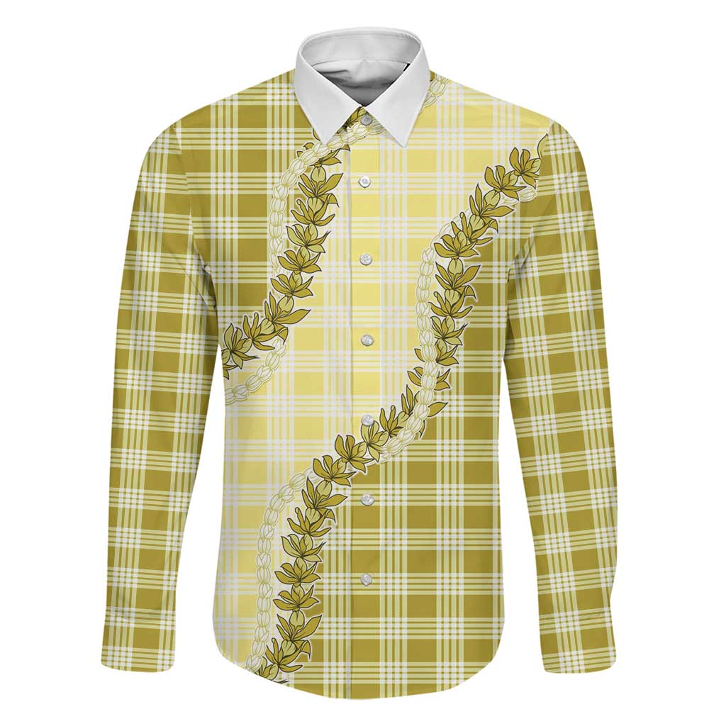 Yellow Hawaii Palaka Family Matching Off The Shoulder Long Sleeve Dress and Hawaiian Shirt Hawaiian Pikake Lei LT05 Dad's Shirt - Long Sleeve Yellow - Polynesian Pride