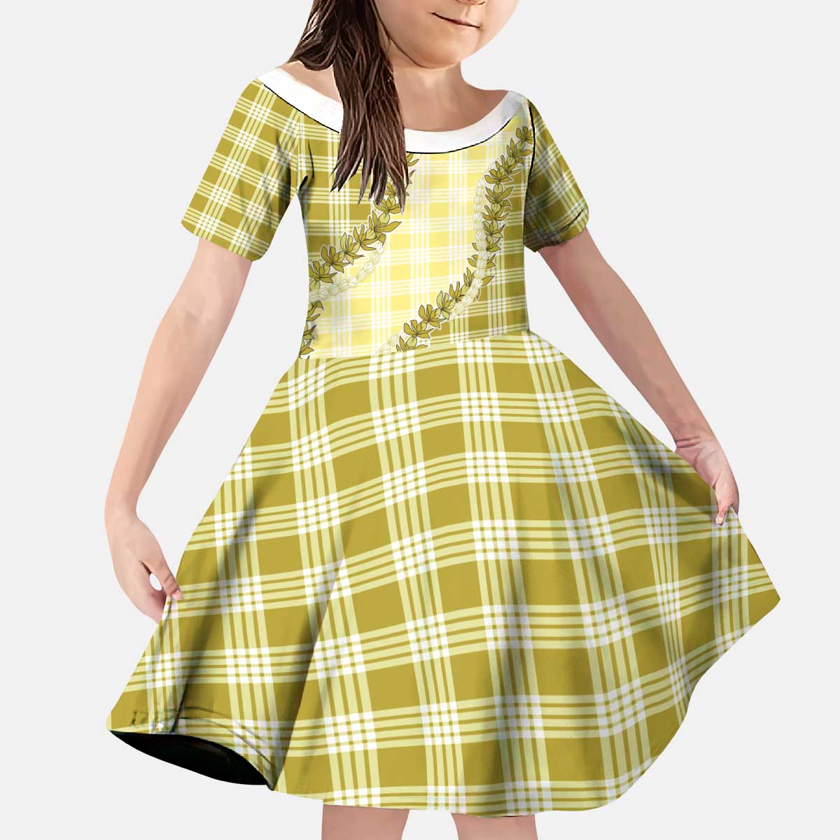 Yellow Hawaii Palaka Kid Short Sleeve Dress Hawaiian Pikake Lei