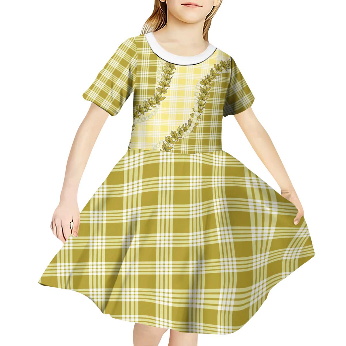 Yellow Hawaii Palaka Kid Short Sleeve Dress Hawaiian Pikake Lei