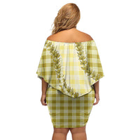 Yellow Hawaii Palaka Off Shoulder Short Dress Hawaiian Pikake Lei