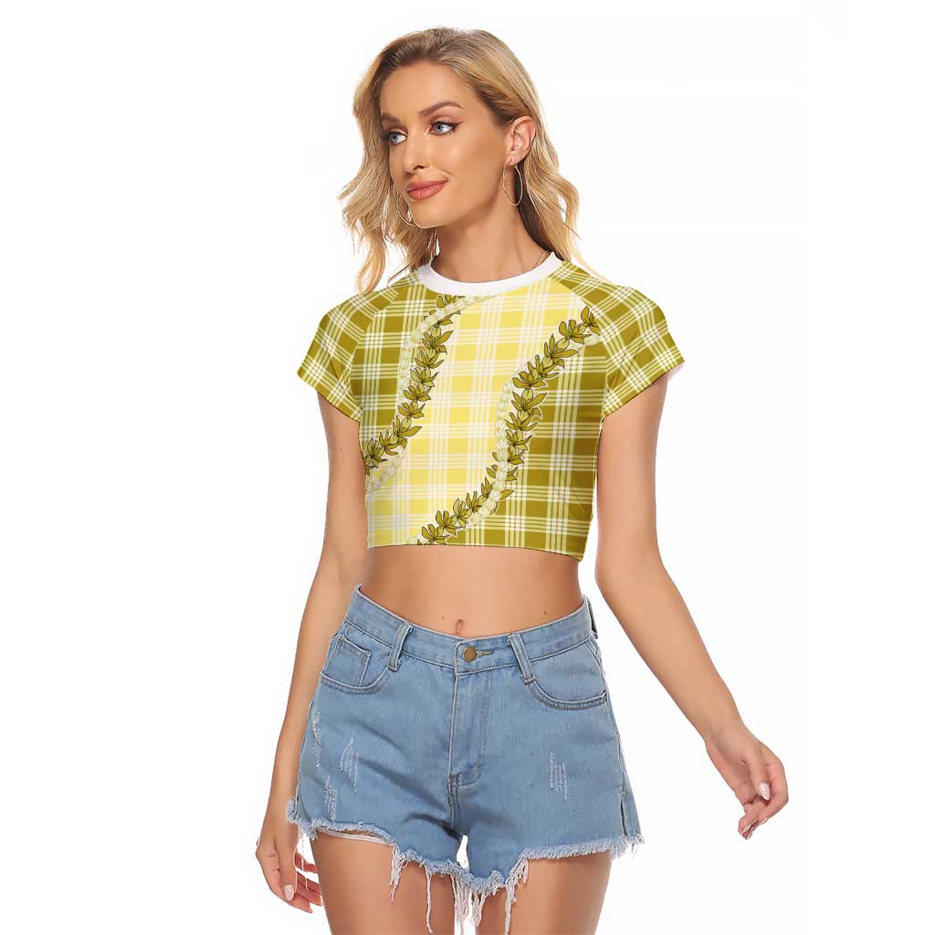 Yellow Hawaii Palaka Raglan Cropped T Shirt Hawaiian Pikake Lei