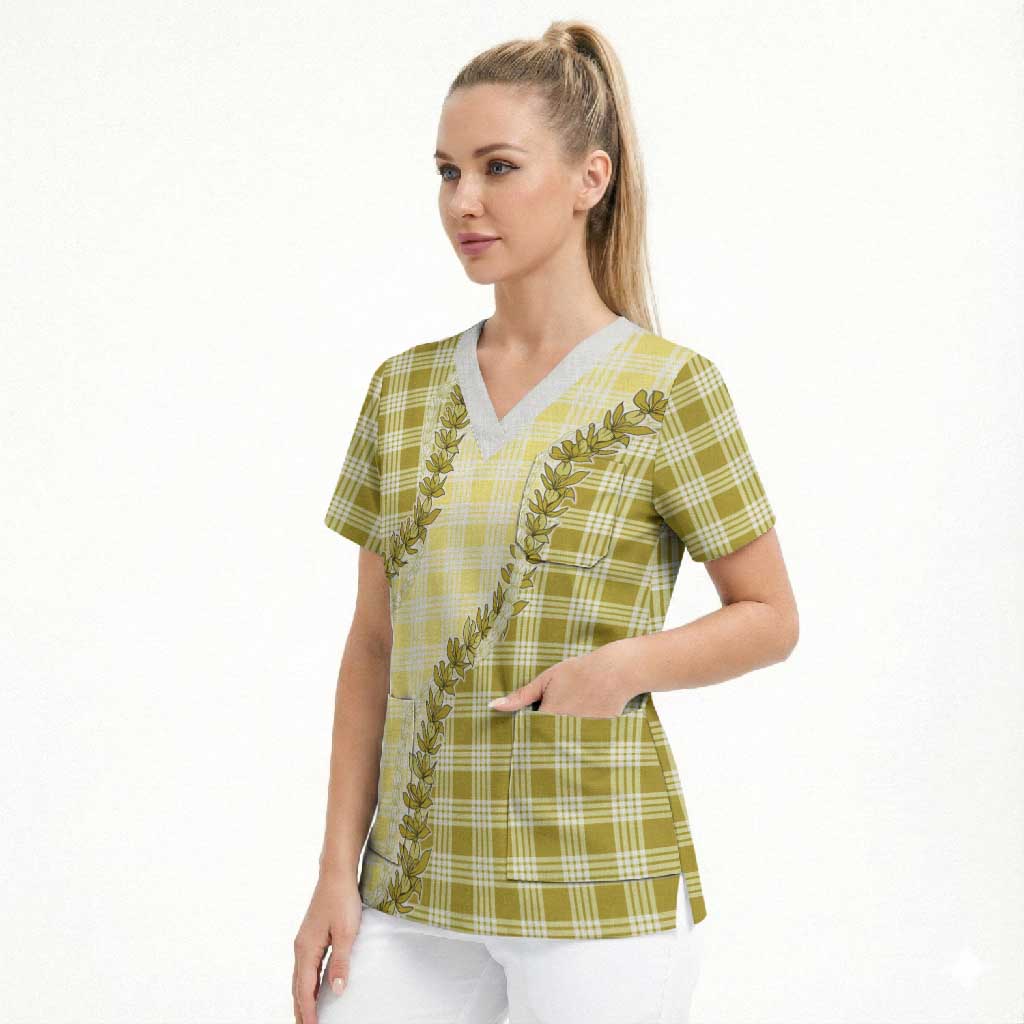 Yellow Hawaii Palaka Scrub Top Hawaiian Pikake Lei LT05 - Polynesian Pride
