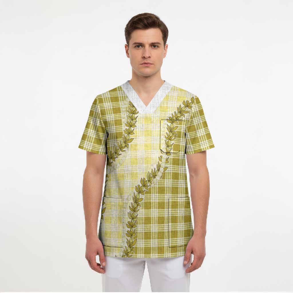 Yellow Hawaii Palaka Scrub Top Hawaiian Pikake Lei LT05 - Polynesian Pride