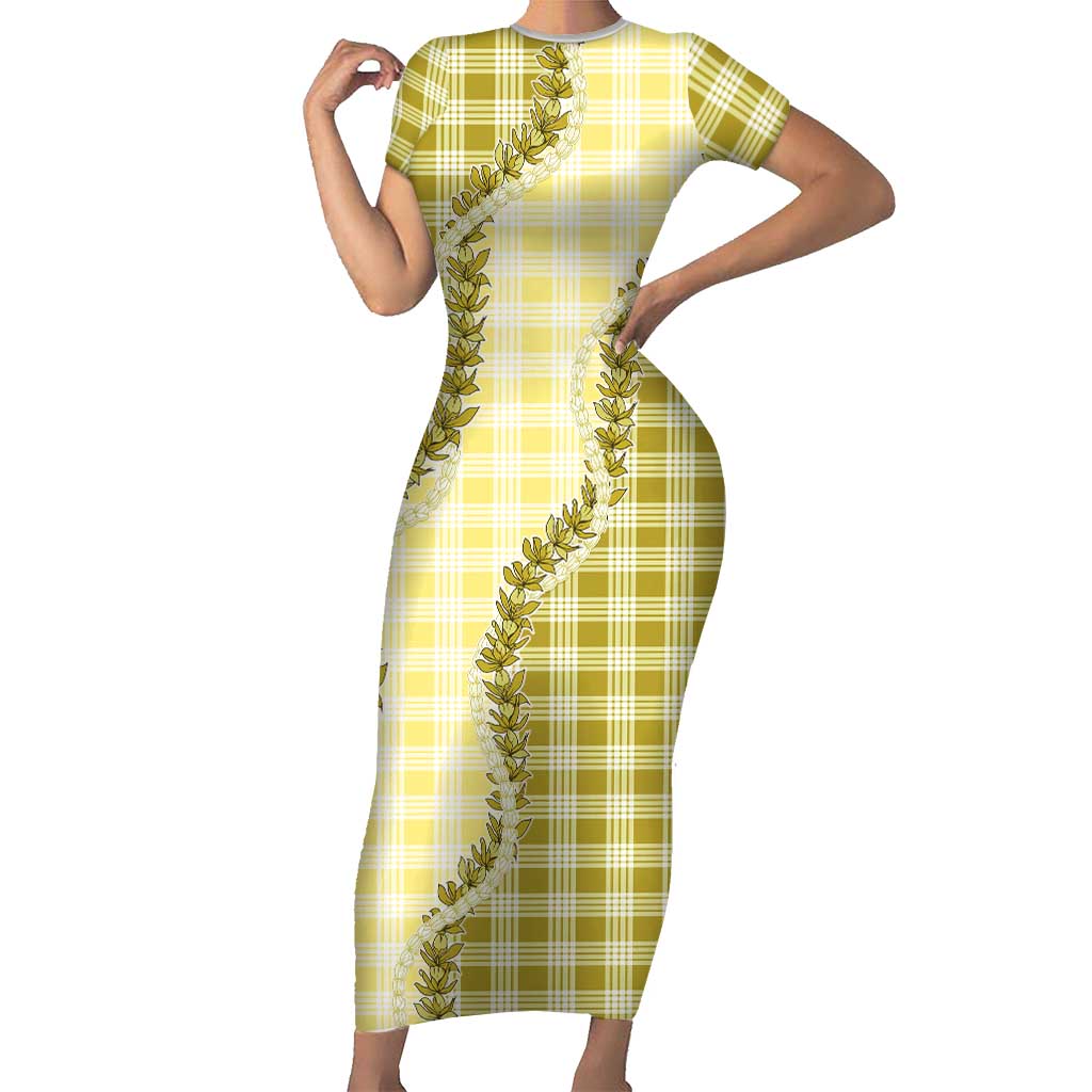 Yellow Hawaii Palaka Short Sleeve Bodycon Dress Hawaiian Pikake Lei LT05 Long Dress Yellow - Polynesian Pride