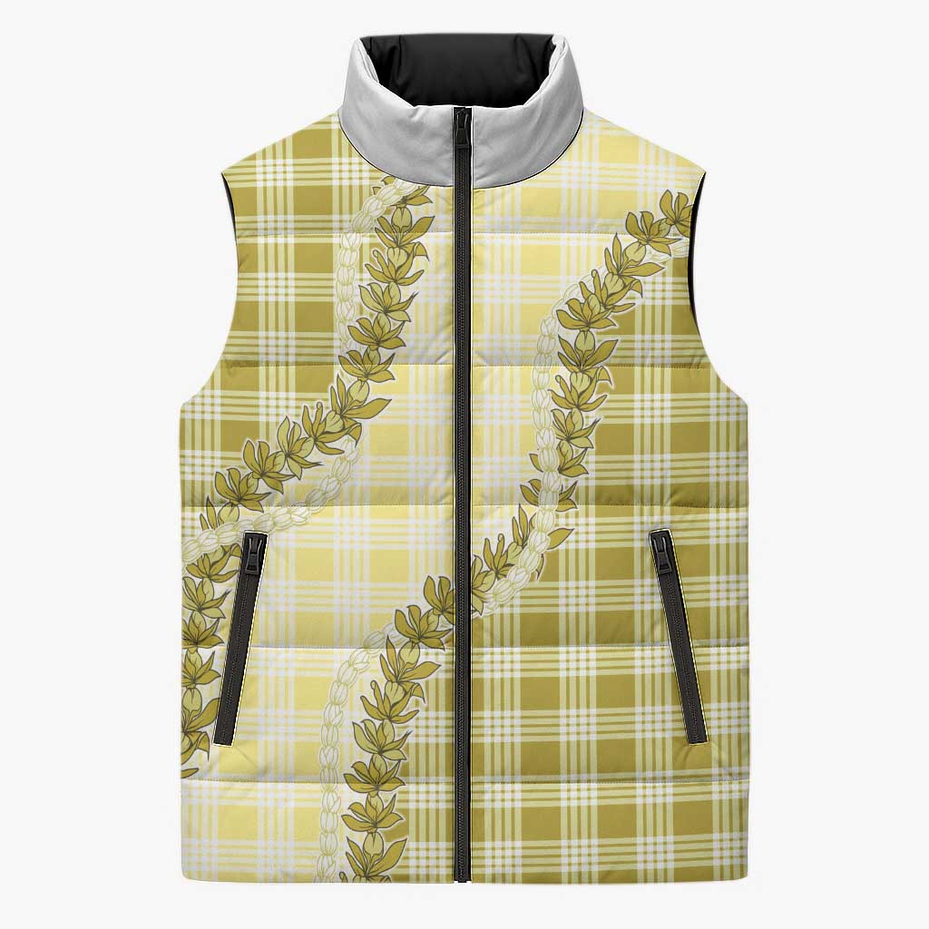 Yellow Hawaii Palaka Sleeveless Puffer Jacket Hawaiian Pikake Lei