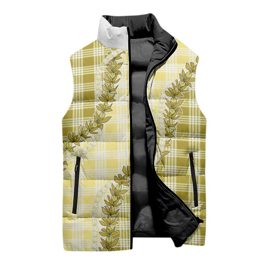 Yellow Hawaii Palaka Sleeveless Puffer Jacket Hawaiian Pikake Lei