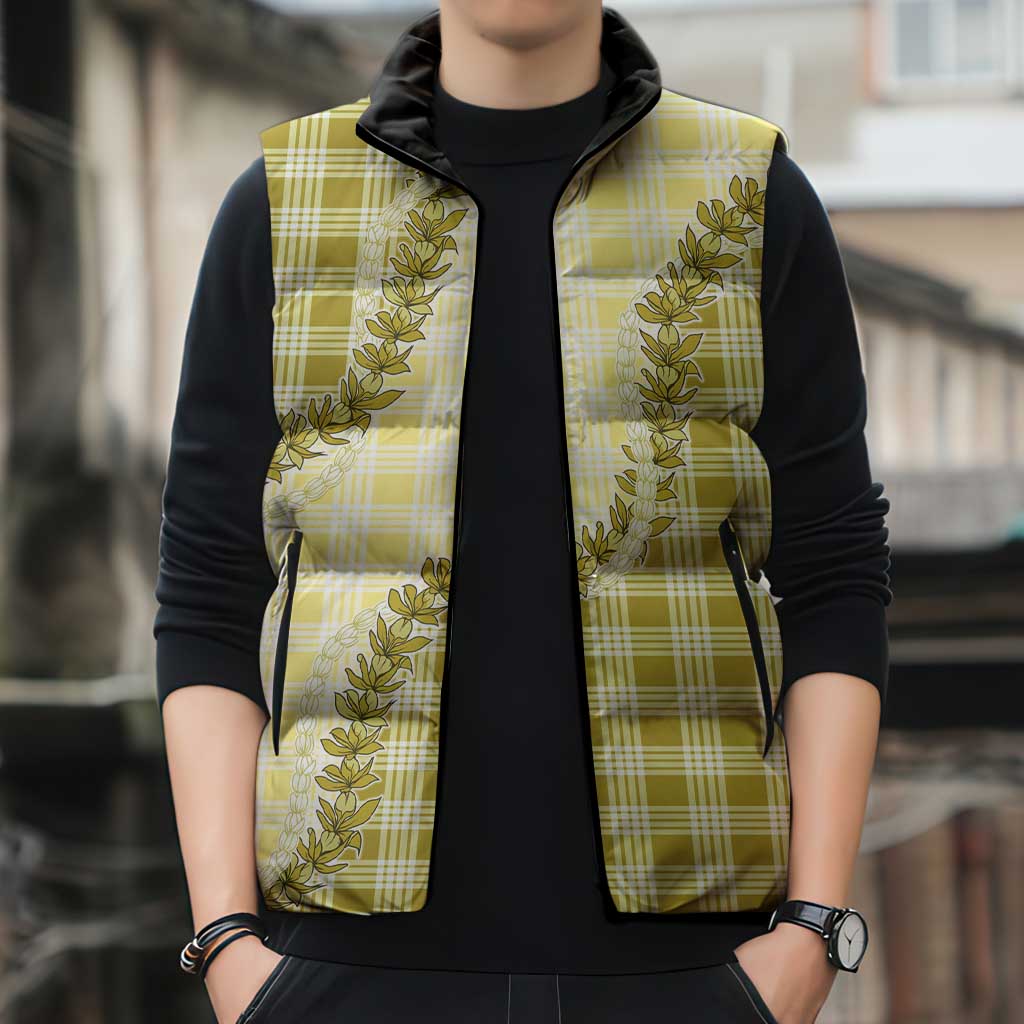 Yellow Hawaii Palaka Sleeveless Puffer Jacket Hawaiian Pikake Lei