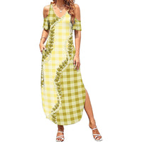 Yellow Hawaii Palaka Summer Maxi Dress Hawaiian Pikake Lei