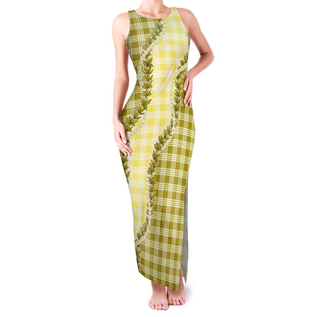 Yellow Hawaii Palaka Tank Maxi Dress Hawaiian Pikake Lei