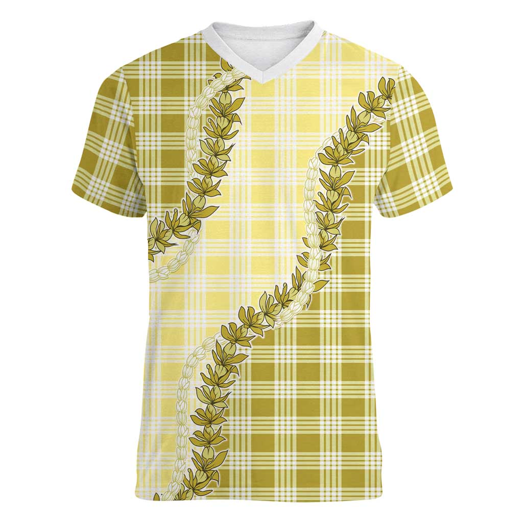 Yellow Hawaii Palaka Women V-Neck T-Shirt Hawaiian Pikake Lei