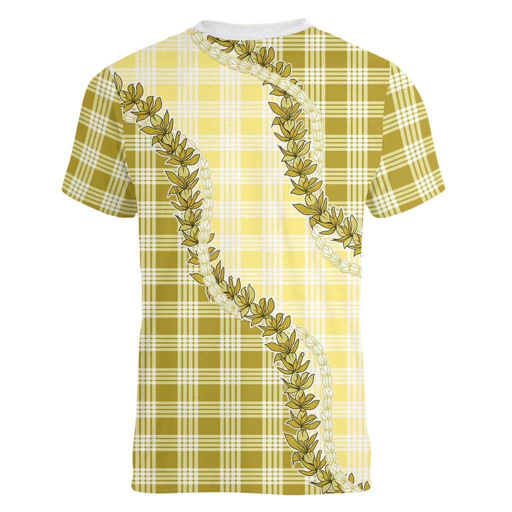Yellow Hawaii Palaka Women V-Neck T-Shirt Hawaiian Pikake Lei